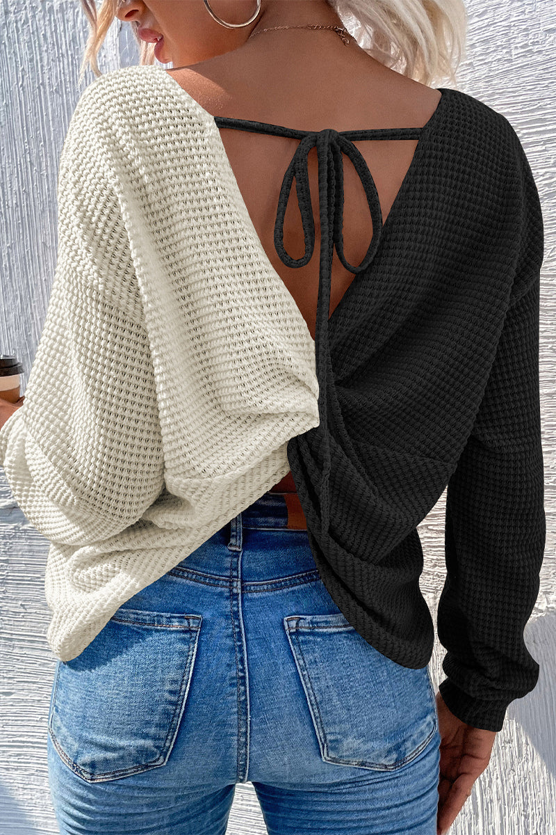 Casual Simplicity Color Block Contrast V Neck Tops