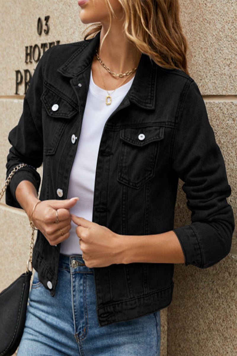 Street Elegant Solid Pocket Turndown Collar Long Sleeve Regular Denim Jacket