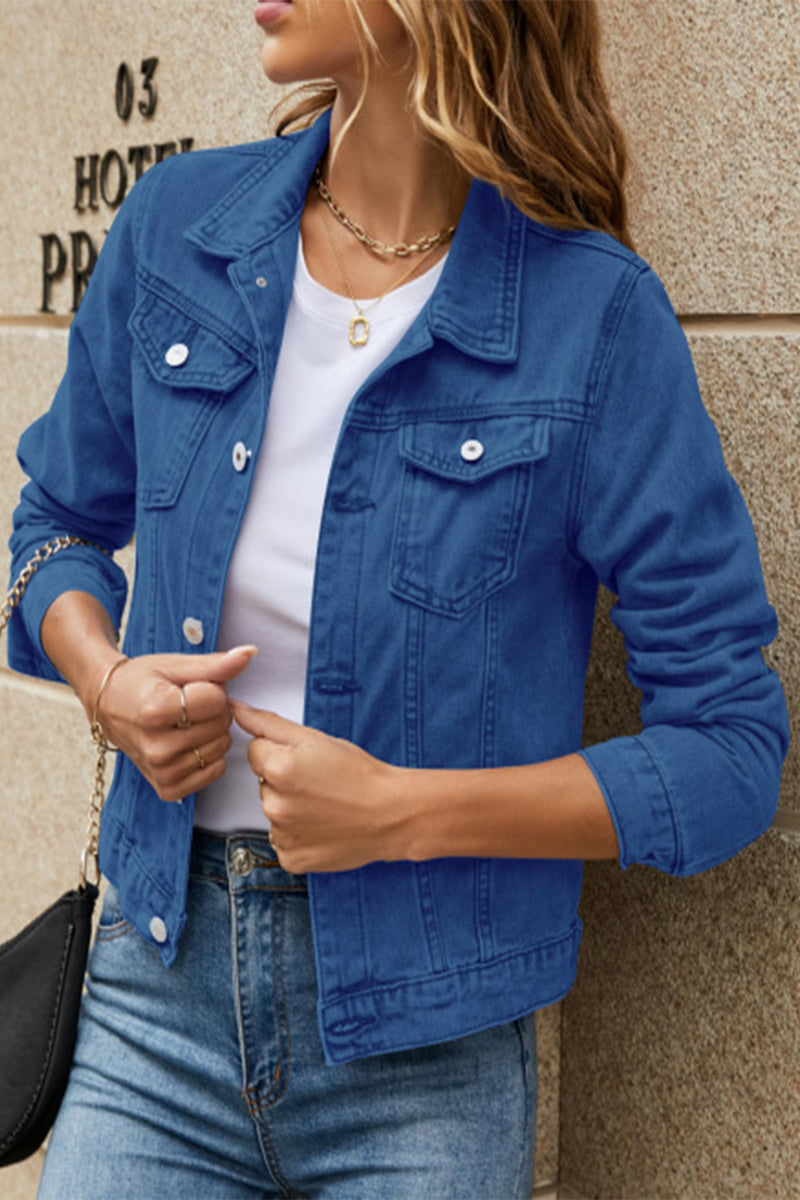 Street Elegant Solid Pocket Turndown Collar Long Sleeve Regular Denim Jacket