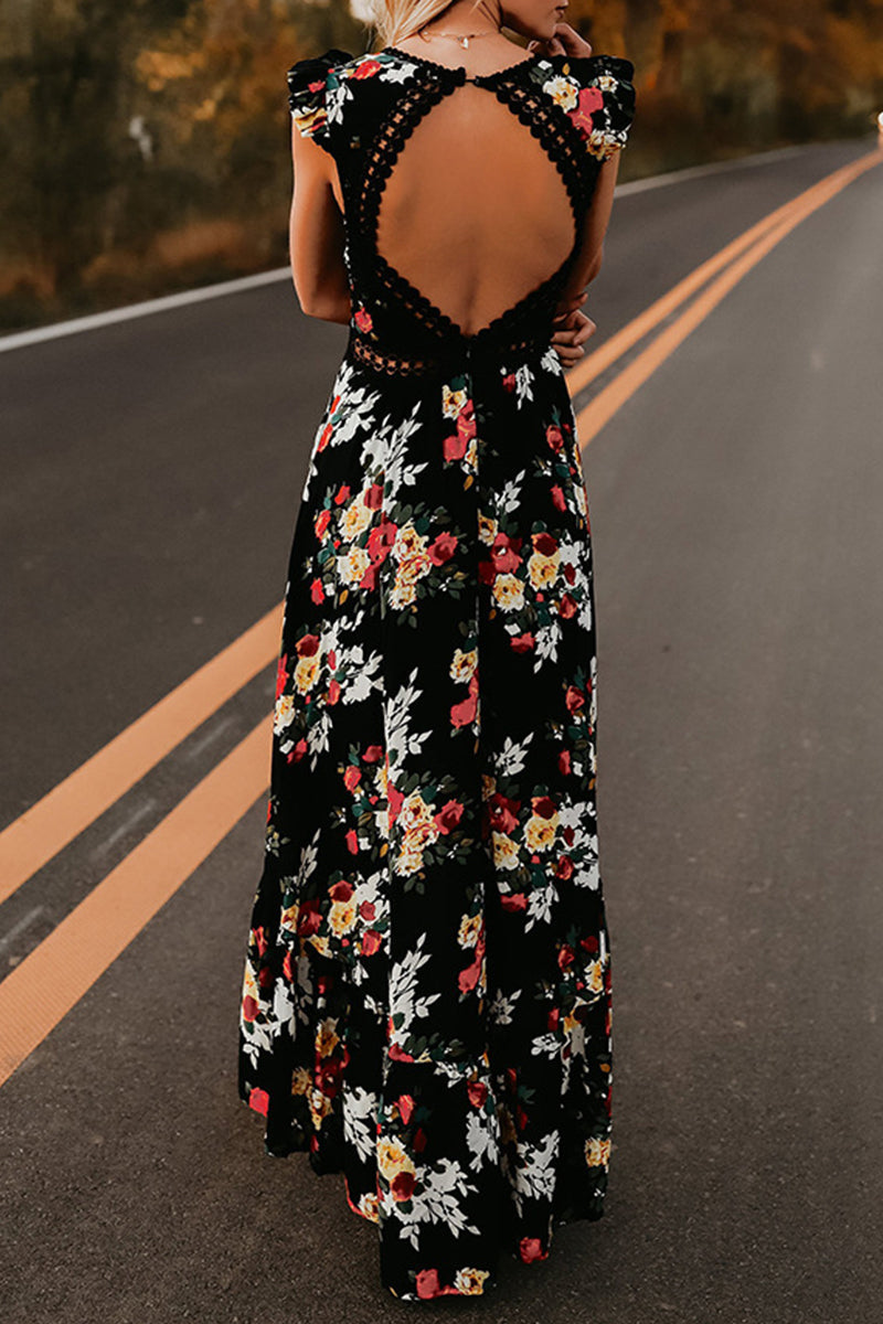 Sweet Elegant Print Backless V Neck Irregular Dress Dresses