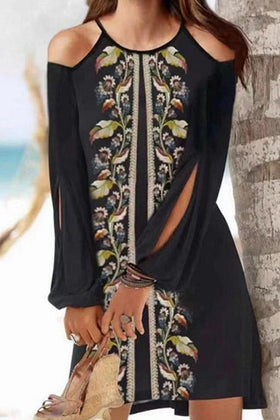 Sweet Print Hollowed Out Patchwork O Neck Mesh Dress Dresses