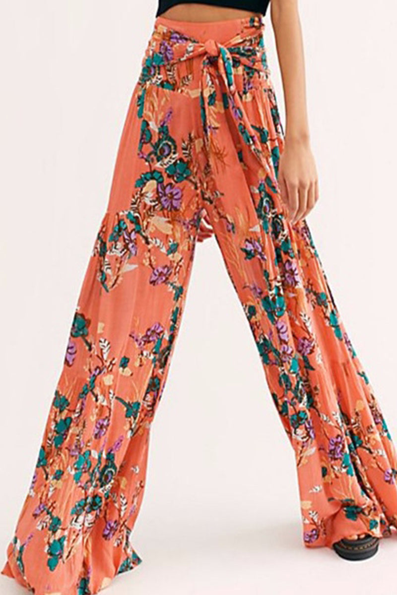 Casual Street Print Fold Loose High Waist Wide Leg Bottoms(21 Colors)