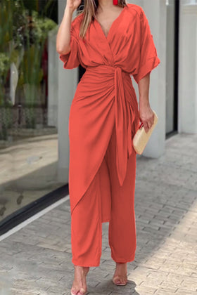 Casual Solid Frenulum V Neck Regular Jumpsuits(3 Colors)