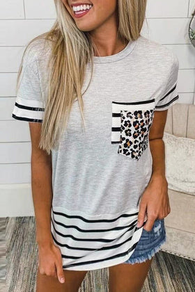 Casual Striped Leopard Patchwork Pocket T-Shirts(10 Colors)