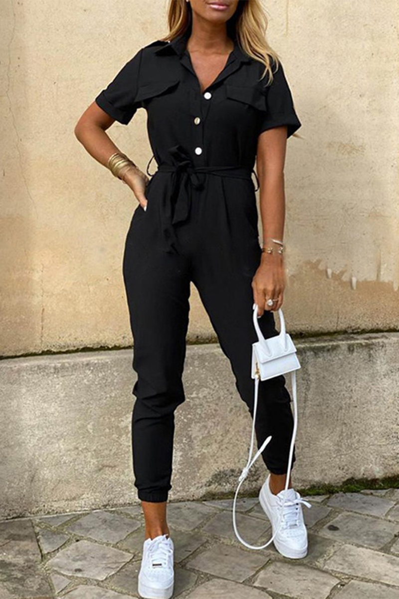 Casual Daily Solid Frenulum With Belt Turndown Collar Regular Jumpsuits