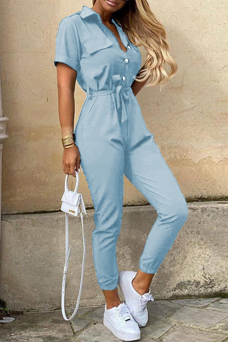 Casual Daily Solid Frenulum With Belt Turndown Collar Regular Jumpsuits