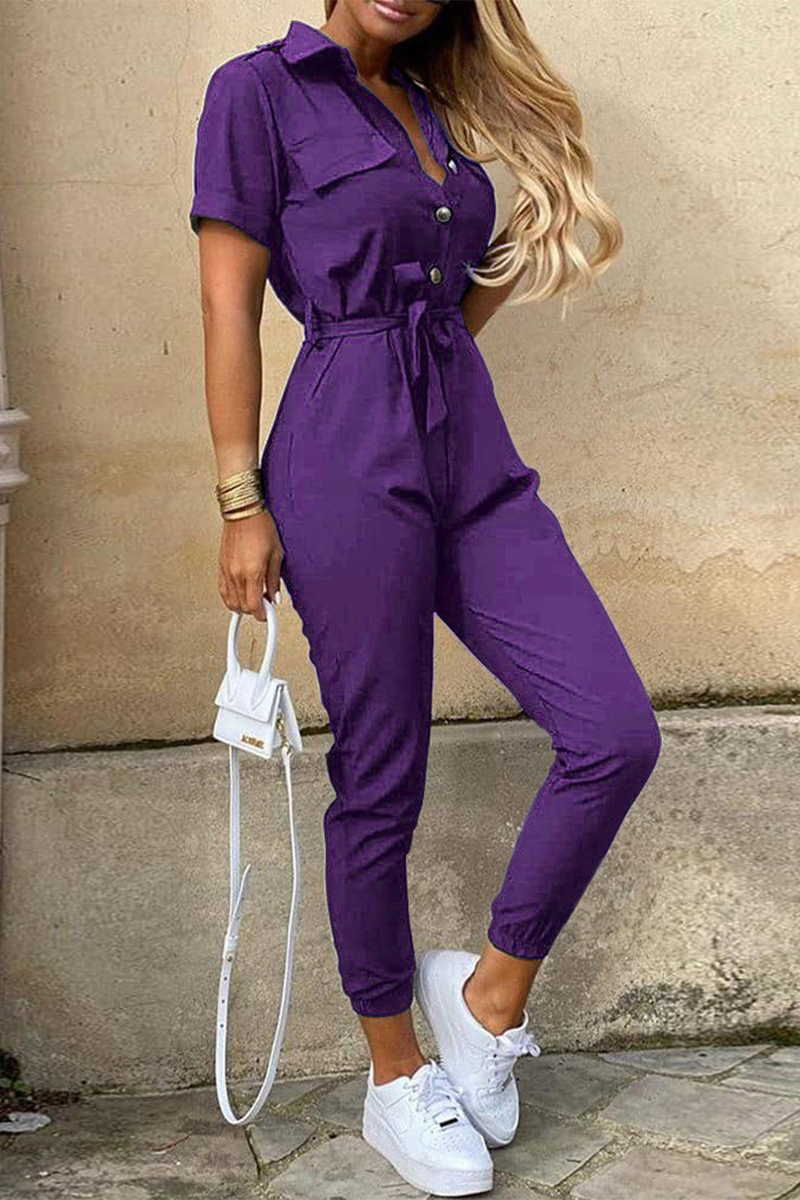 Casual Daily Solid Frenulum With Belt Turndown Collar Regular Jumpsuits