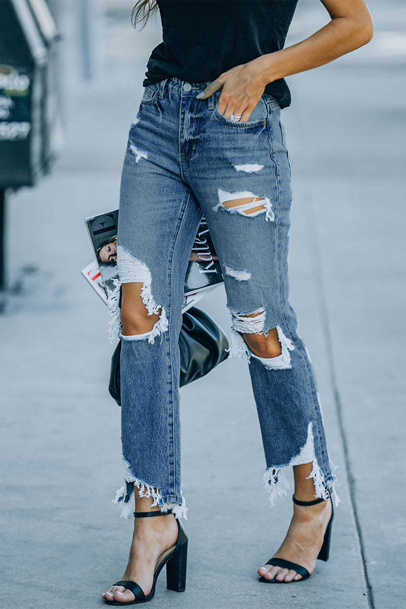 Casual Street Solid Ripped Make Old High Waist Regular Denim Jeans