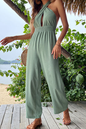 Casual Vacation Solid Frenulum Cross Straps Halter Straight Jumpsuits