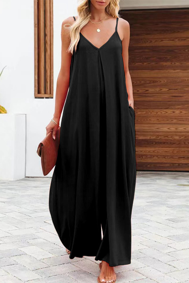 Casual Solid Solid Color V Neck Loose Jumpsuits