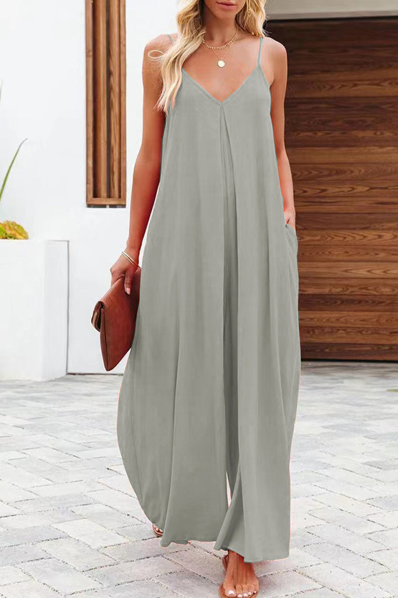 Casual Solid Solid Color V Neck Loose Jumpsuits