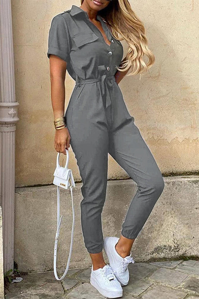 Casual Daily Solid Frenulum With Belt Turndown Collar Regular Jumpsuits