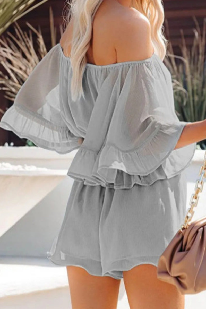 Casual Daily Solid Patchwork Flounce Off the Shoulder Loose Jumpsuits