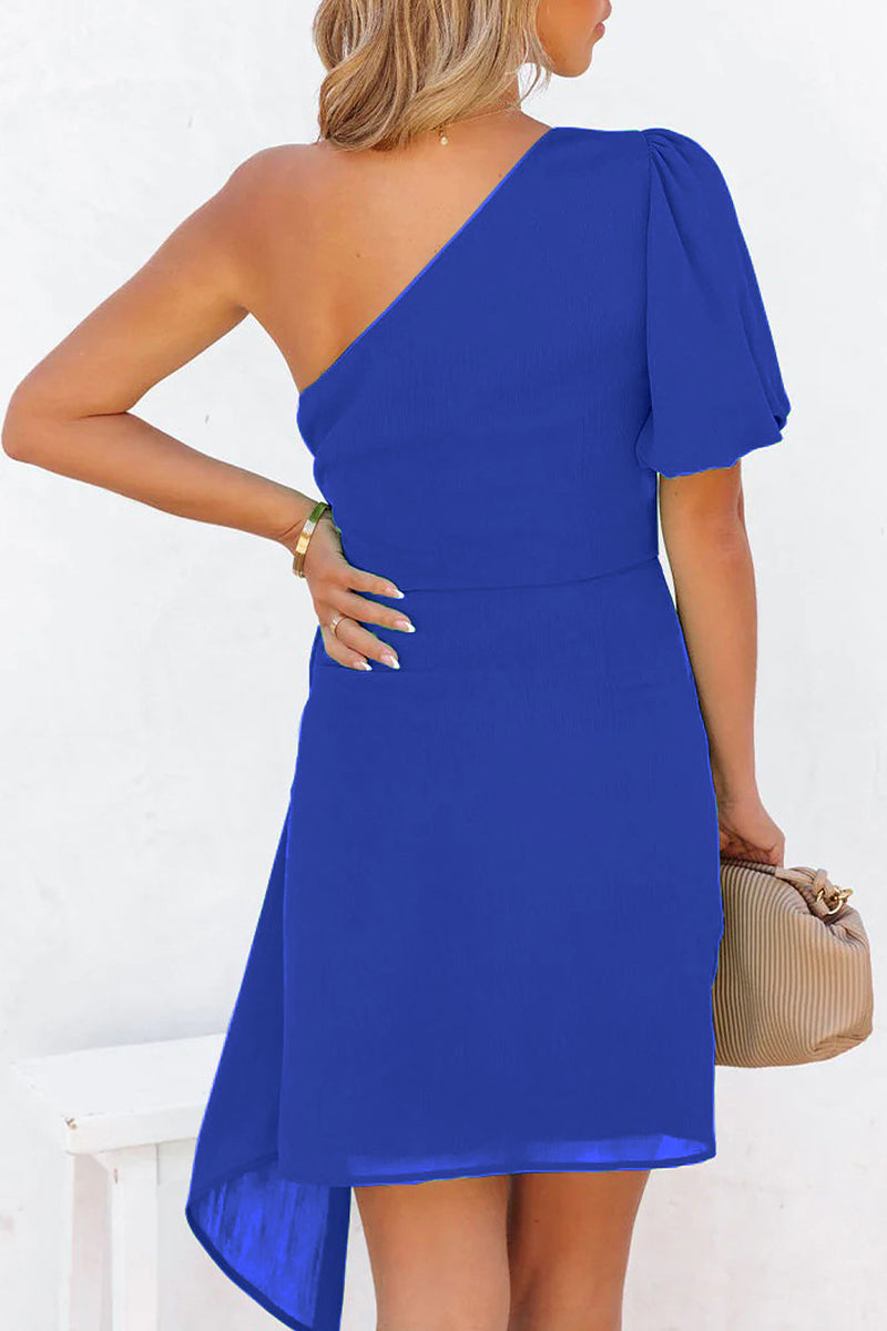 Elegant Solid Bandage Asymmetrical Oblique Collar Irregular Dress Dresses