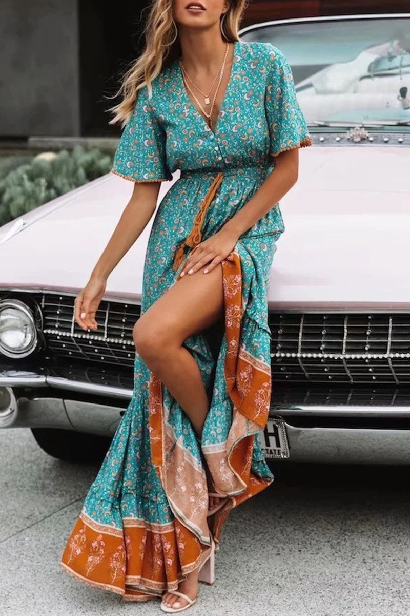 College Vacation Print Patchwork V Neck Beach Dress Dresses