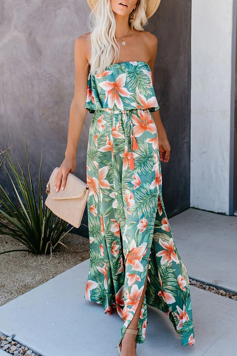 Sexy Vacation Floral Patchwork Strapless Irregular Dress Dresses