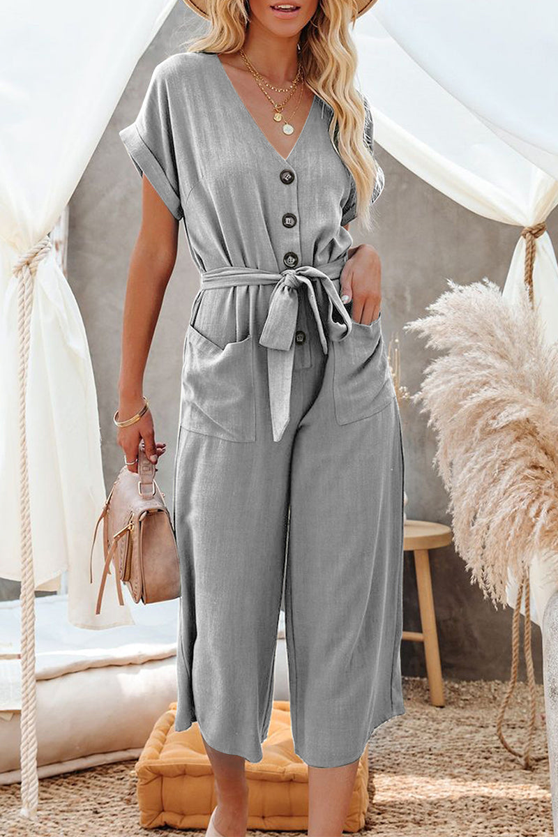 Casual Solid Pocket Frenulum Buckle V Neck Jumpsuits(5 Colors)