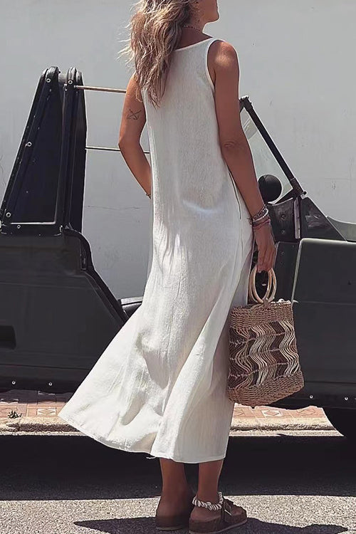 V Neck Sleeveless Printed Maxi Loose Dress