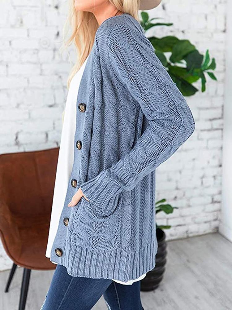 Cardigan en Tricot Unie avec Boutons Torsadés et Poches