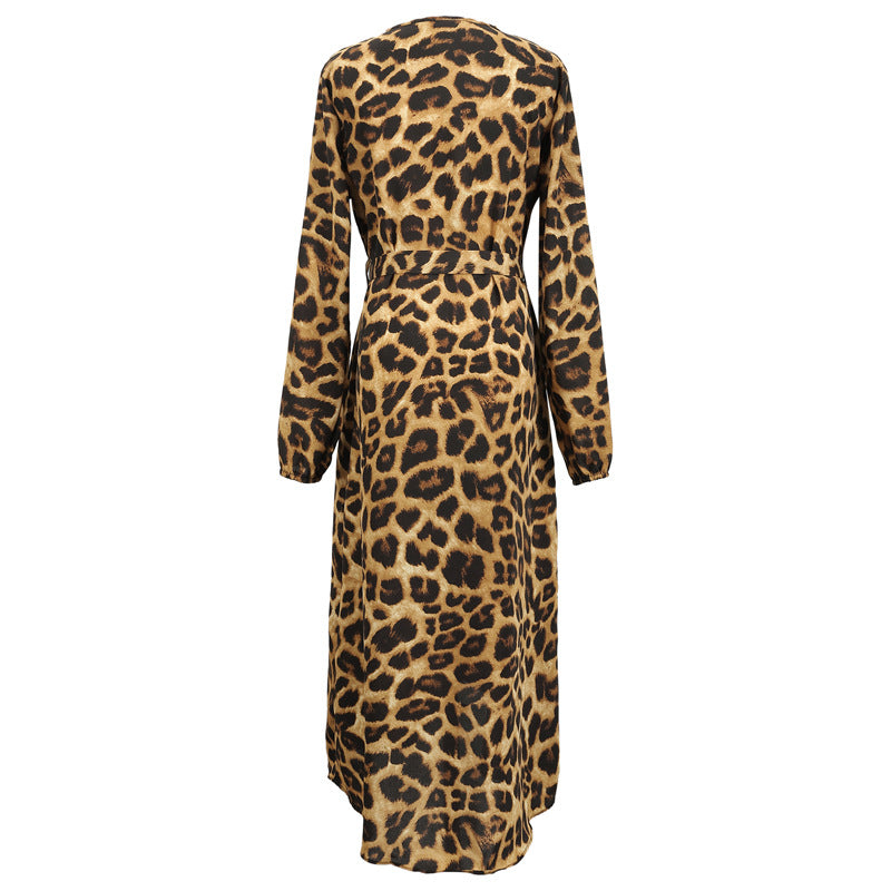 Leopard Print Long Sleeve Waist Tie Maxi Dress