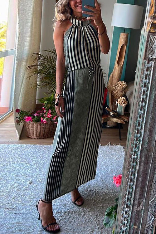 Halter Sleeveless Waisted Striped Maxi Dress