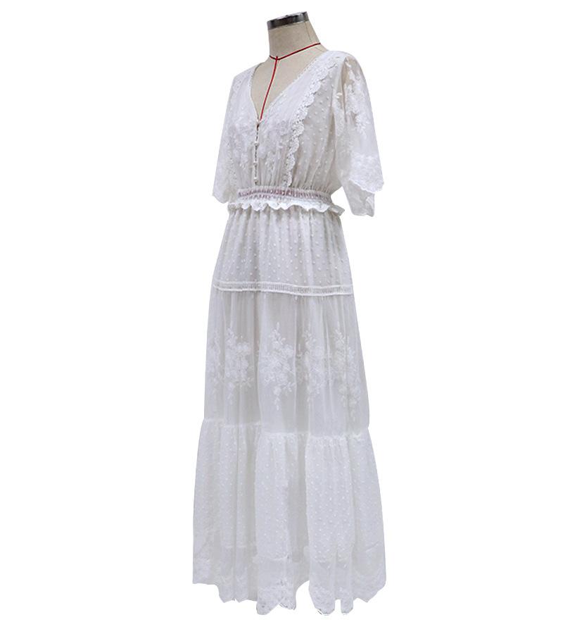 Robe Maxi en Mousseline Manches Courtes et Col en V