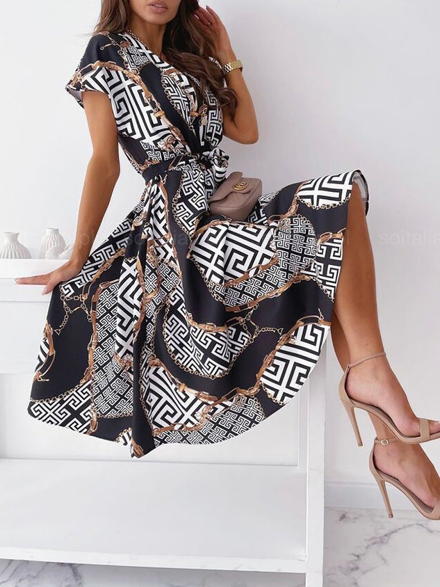 Women's Dresses Printed V-Neck Tie Shirt Dress