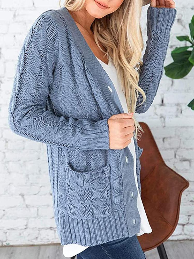 Cardigan en Tricot Unie avec Boutons Torsadés et Poches