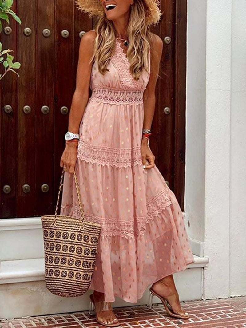 Robes Maxi  Longues Col en V Mousseline de Soie Dos Nu Boho