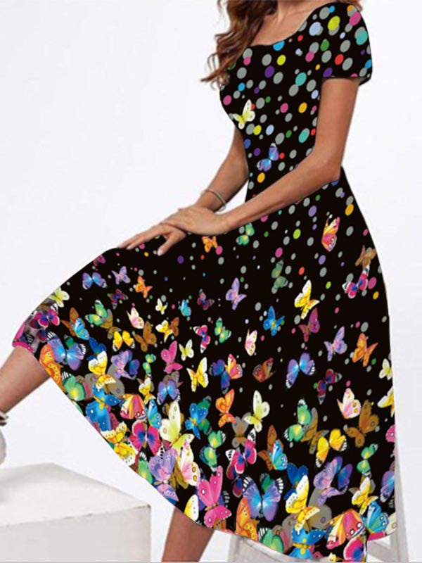 Robe Longue Manches Courtes Col U Floral