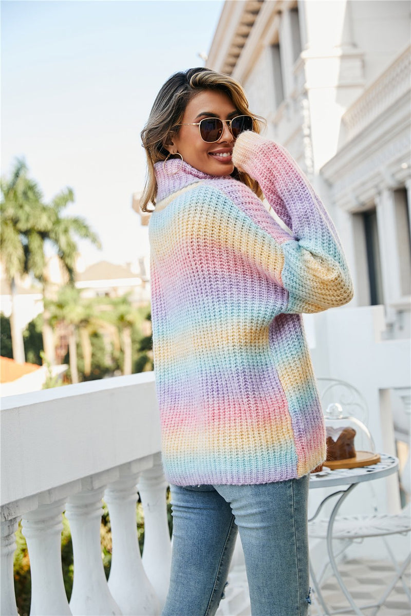 Pull Manches Longues en Tricot Col Roulé Tie-dye