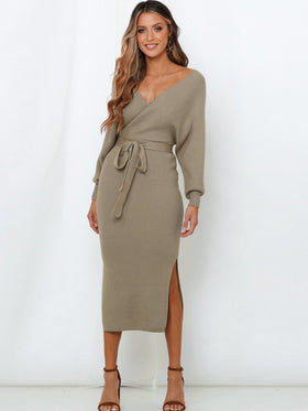 Robe Tricotée Sexy en Col V et Pull Mi-Long