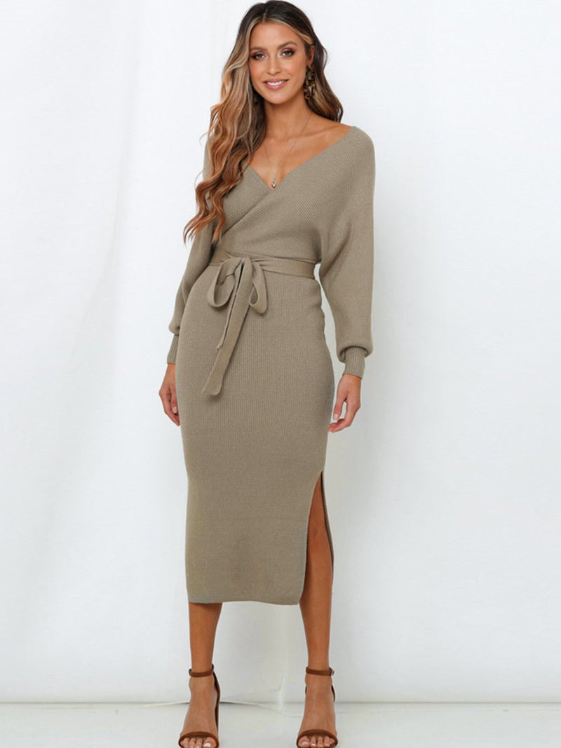 Robe Tricotée Sexy en Col V et Pull Mi-Long