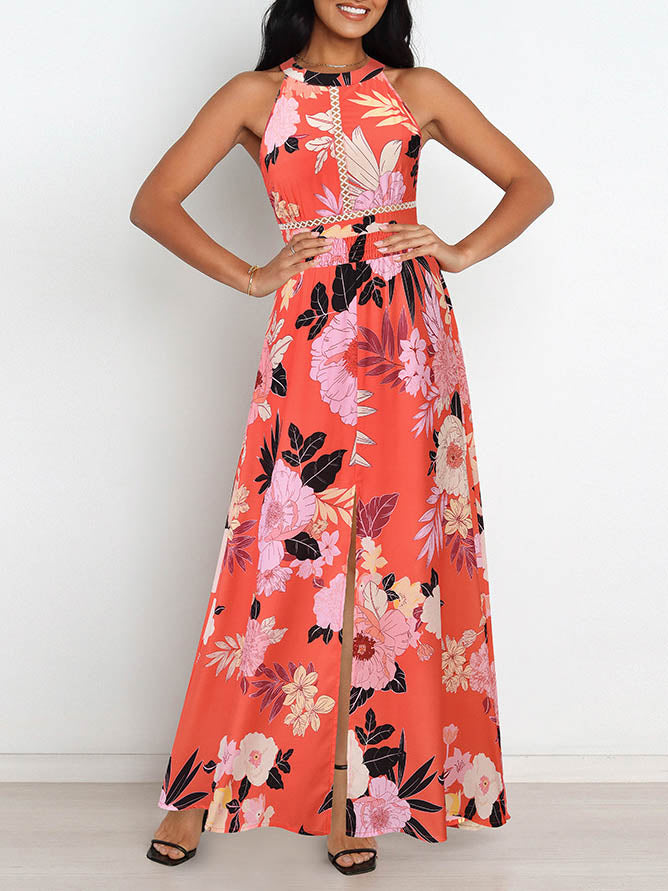 Robe Maxi Florale Sans Manches Col Halter Dos Croisé