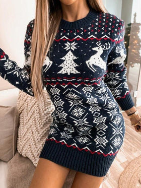 Pull Long en Maille Col Rond Imprimé de Noël