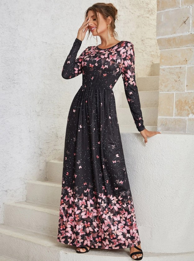 Robe Maxi Col Rond Manches Longues à Imprimé Floral