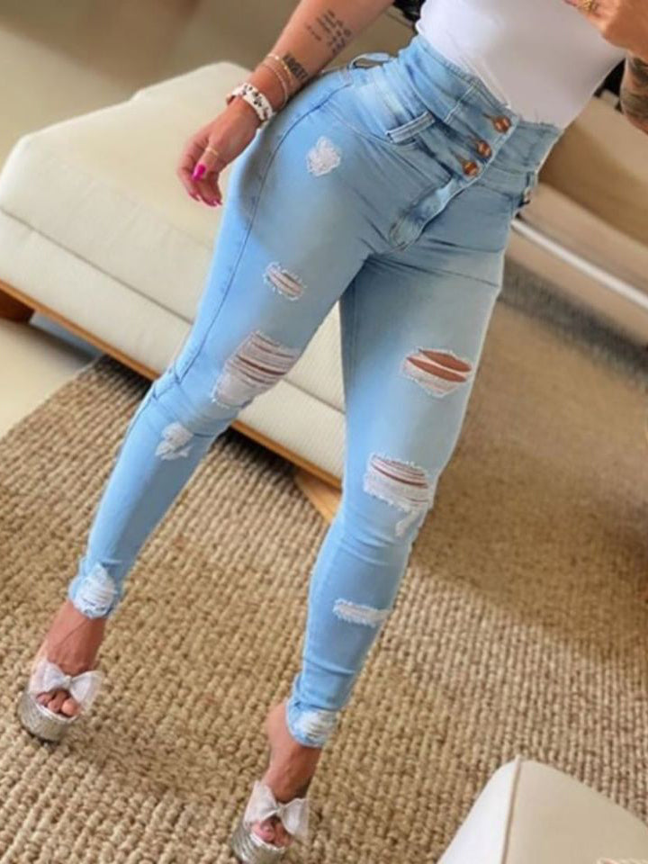 Pantalon Jean Déchiré Extensible Taille Haute Sexy