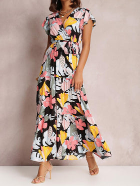 Floral Long Sleeve Cap Sleeve V Neck Maxi Dress