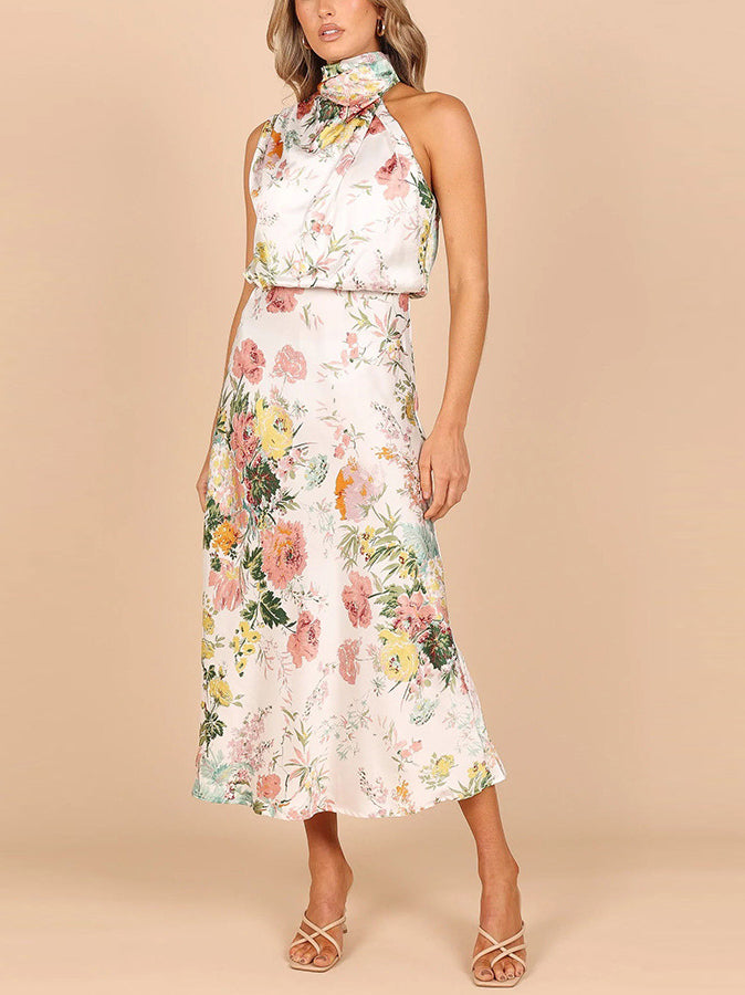 Robe Mi-Longue Imprimée Floral Taille Haute Sans Manches Col Roulé