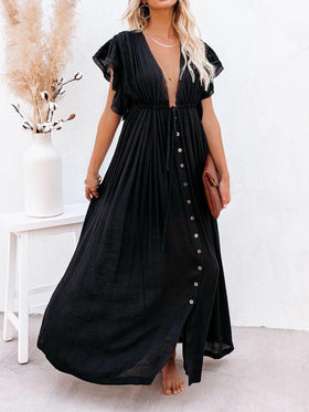 Ruffle Sleeve Deep V Neck Button Down Wide Maxi Dress