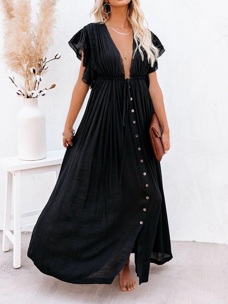 Ruffle Sleeve Deep V Neck Button Down Wide Maxi Dress