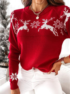 Pull en Maille à Col Rond et Imprimé Noël