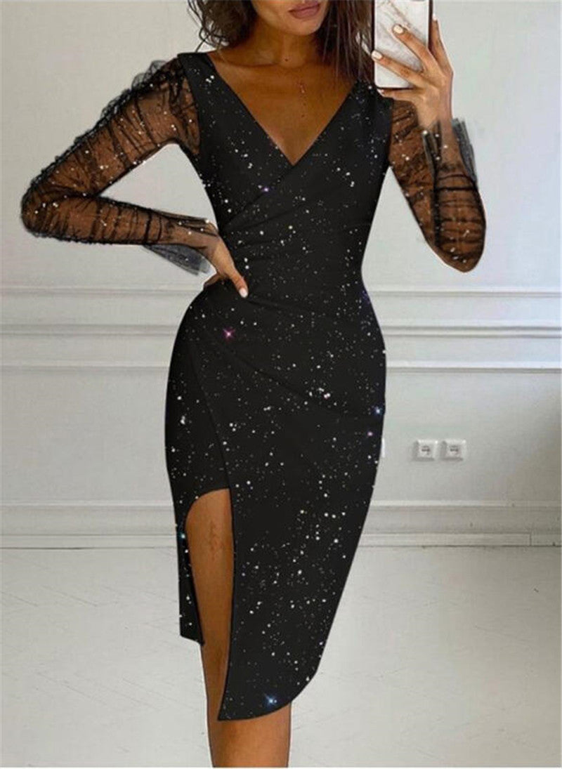 Transparent Long Sleeve V Neck Side Split Midi Dress