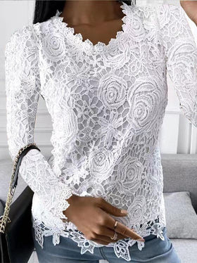 Casual Long Sleeve Lace Round Neck Top