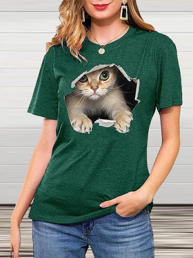 T-shirt Col Rond Manches Courtes Imprimé Chat