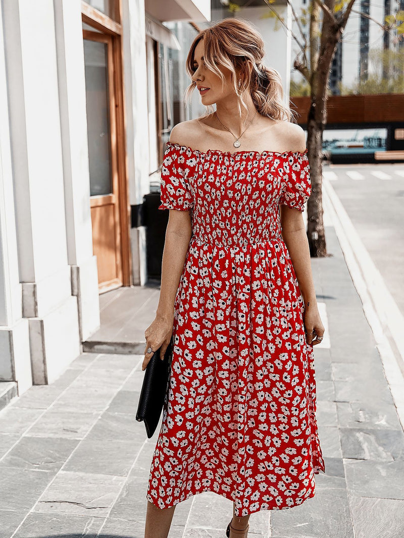 Robe Midi Floral Évasée à Épaules Dénudées