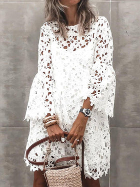 Round Neck Long Sleeve Lace Mini Dress