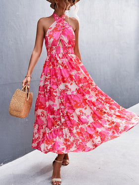 Robe Longue Sans Manches Floral et Col Licou