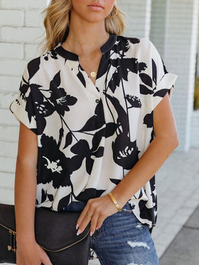 Short Sleeve V Neck Loose Blouse Top