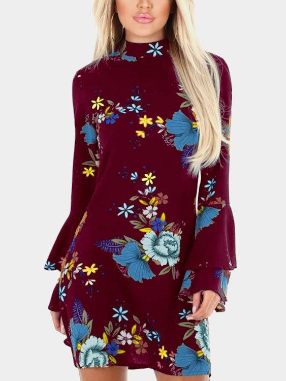 Random Floral Print Perkins Collar Flared Sleeves Mini Dress